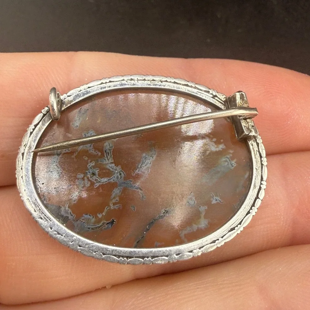 Vintage Estate Brooch Silver Tone Polished Stone Oval Nature Western